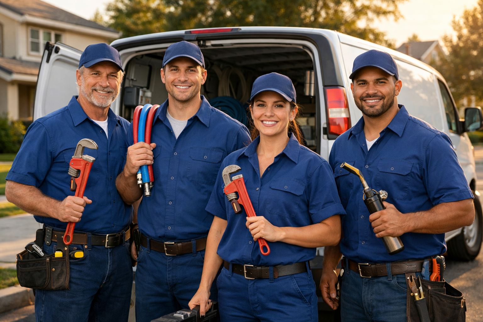 BCD Plumbing crew in uniform standing together